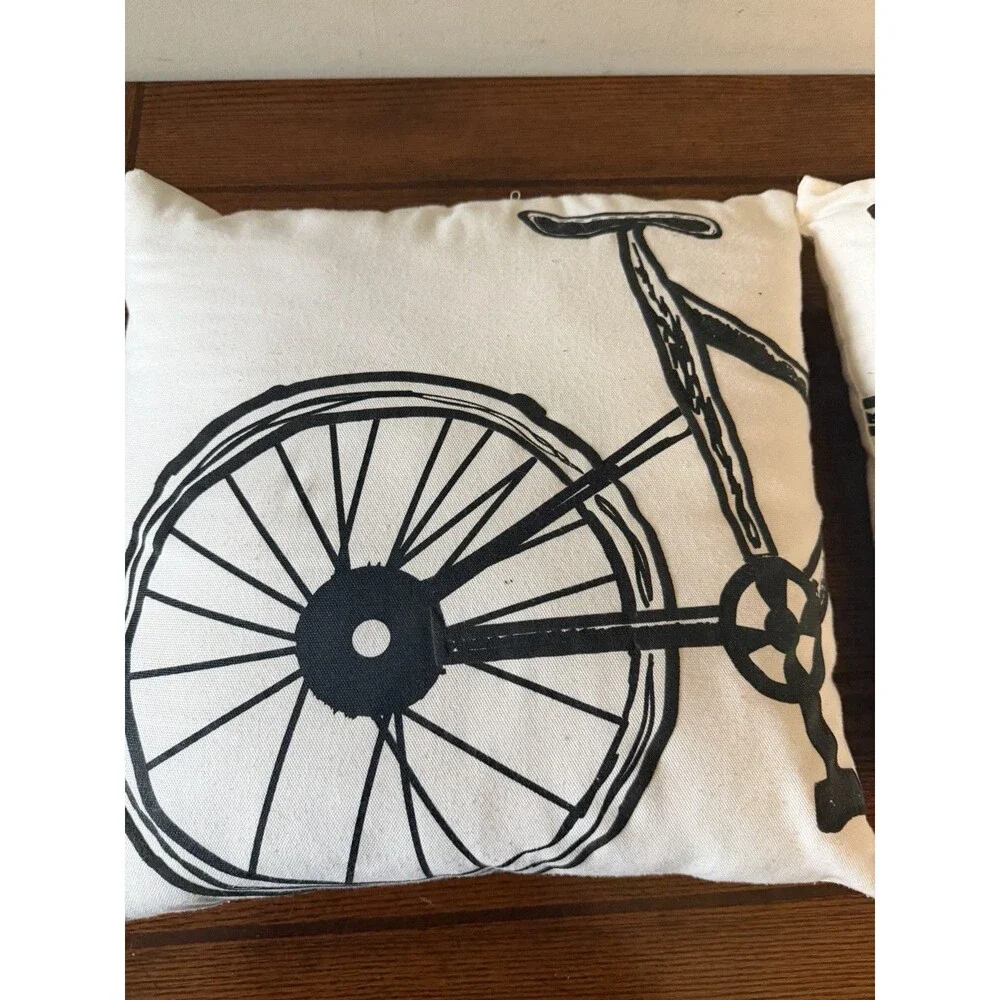 Decorative Bicycle Sketch Print Throw Pillows, Set of 2, Black & White Canvas